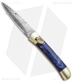 9" Leverlock Dagger Automatic Stiletto Knife Blue Wood (3.8" Damascus)