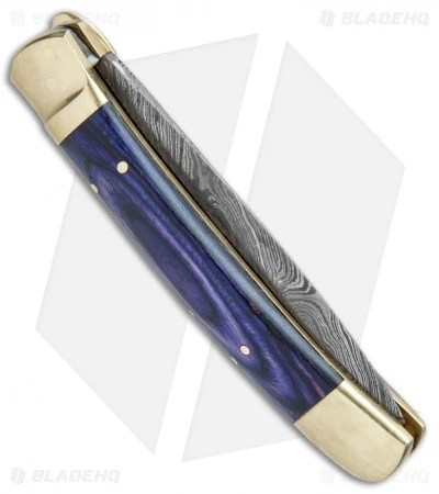 9" Leverlock Dagger Automatic Stiletto Knife Blue Wood (3.8" Damascus) - Image 3