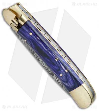 9" Leverlock Dagger Automatic Stiletto Knife Blue Wood (3.8" Damascus) - Image 2