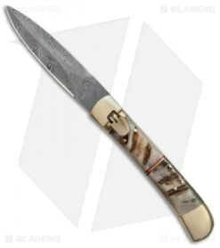 9" Leverlock Dagger Automatic Stiletto Knife Stag (3.8" Damascus)