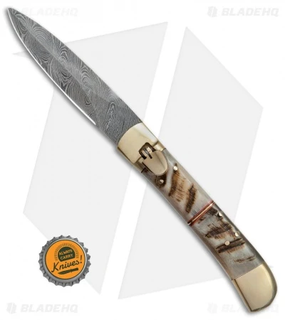 9" Leverlock Dagger Automatic Stiletto Knife Stag (3.8" Damascus) - Image 4