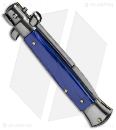 SKM 8" Italian Stiletto Automatic Knife Blue Pearlex (3.3" Satin Bayonet) - Image 2